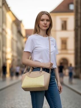 Charles Jourdan Leather Tan & Yellow Lizzy Bag